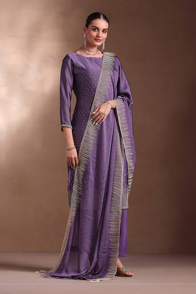 Lavender Santoon Georgette Kurti Pant Set