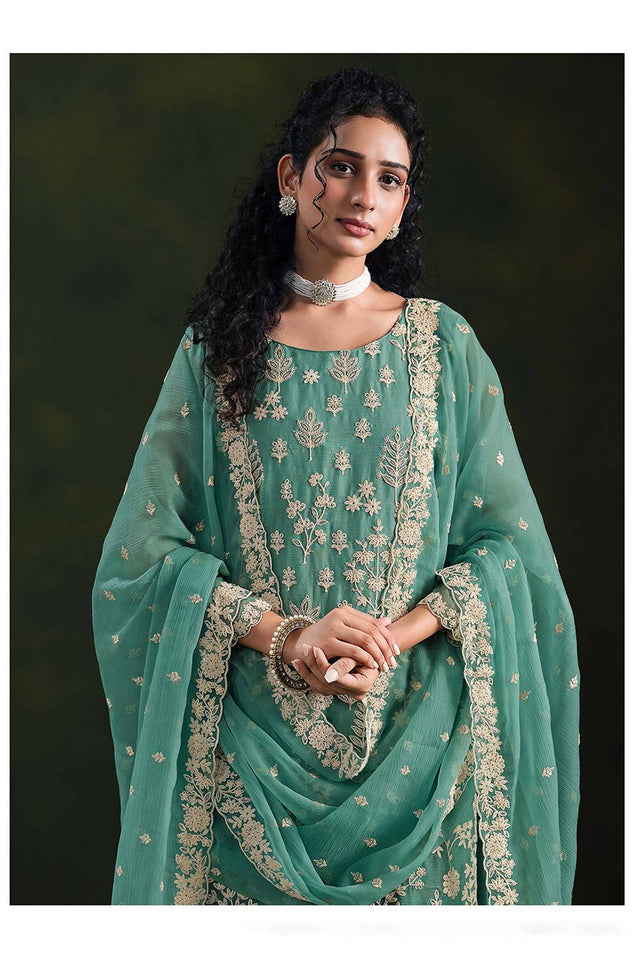 Sea Green Santoon Chiffon Kurti Pant Set