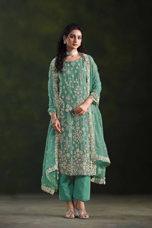 Sea Green Santoon Chiffon Kurti Pant Set