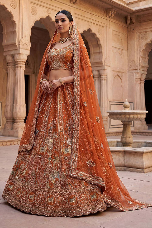 Orange Silk Sequin with Embroidered Lehenga