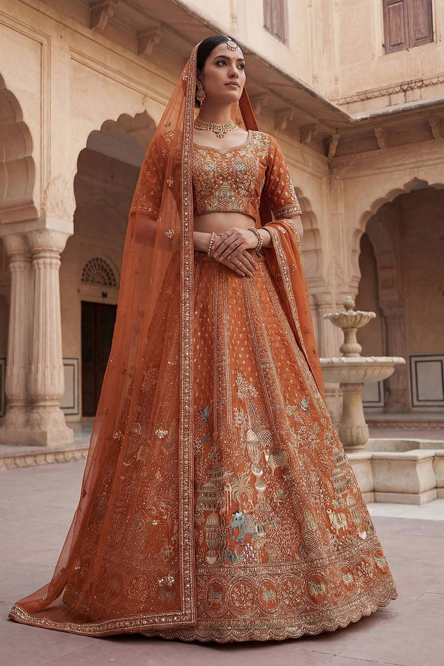 Orange Silk Sequin with Embroidered Lehenga
