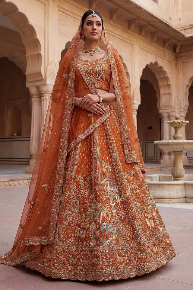 Orange Silk Sequin with Embroidered Lehenga