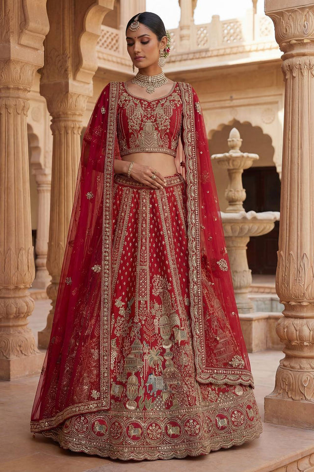 Red Silk Sequin with Embroidered Lehenga
