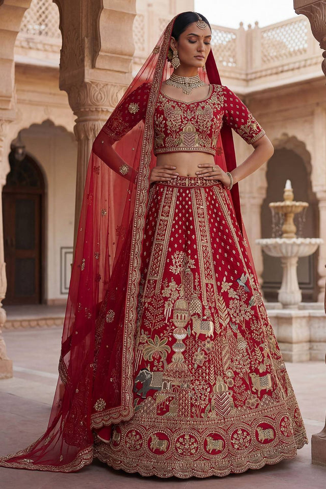Red Silk Sequin with Embroidered Lehenga