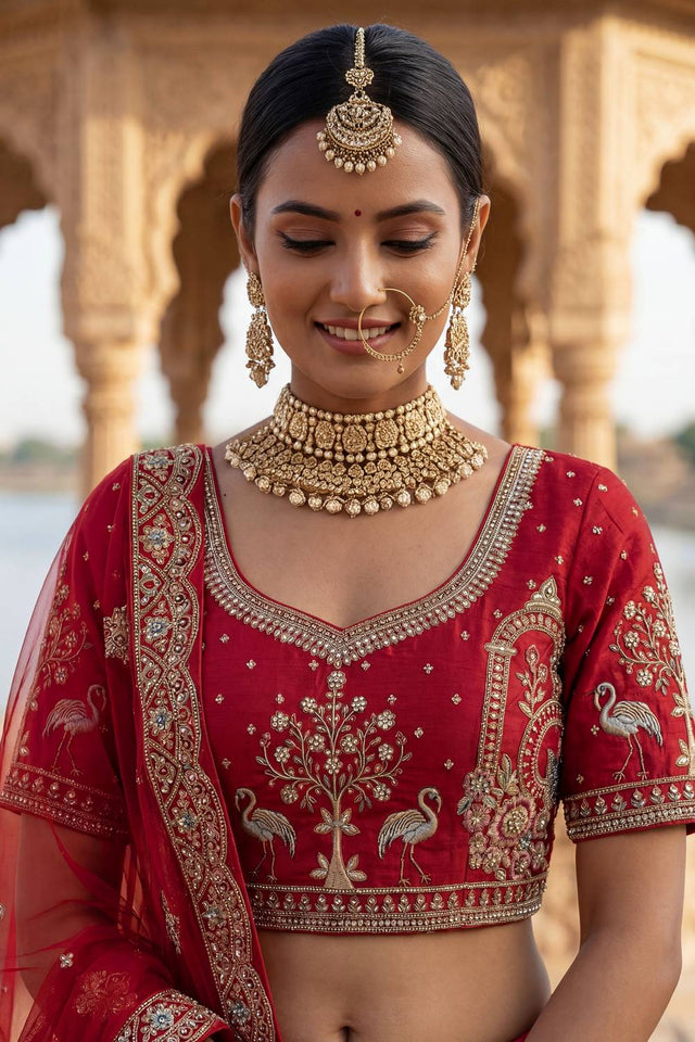 Red Silk Sequin with Embroidered Lehenga