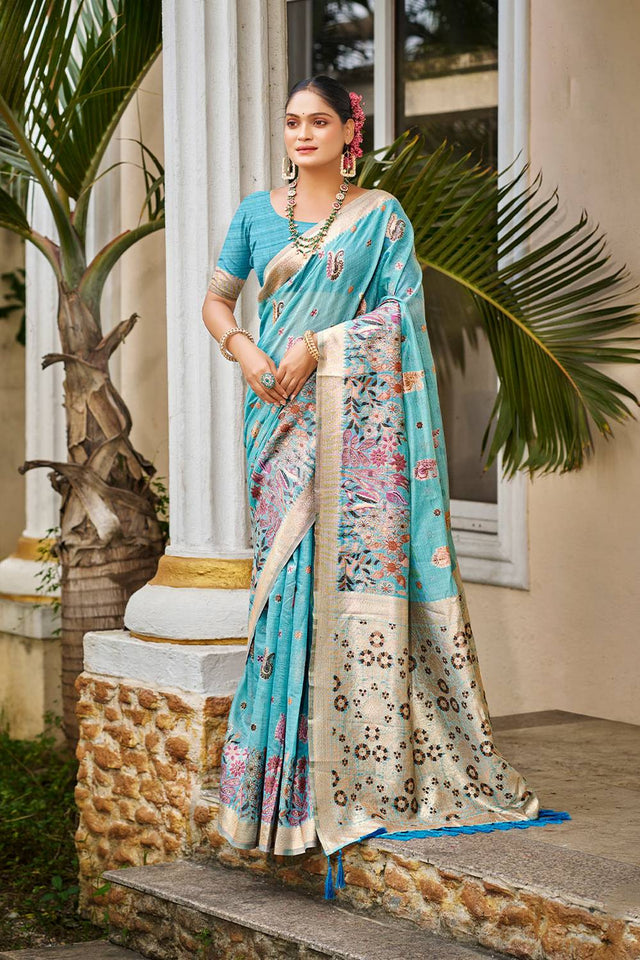 Blue Cotton Woven Saree