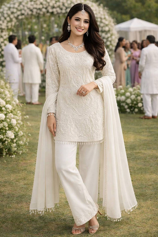 Off White Georgette Embroidered Kurti Pant Set