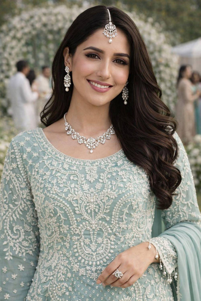 Sea Green Georgette Embroidered Kurti Pant Set