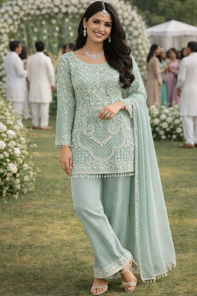 Sea Green Georgette Embroidered Kurti Pant Set