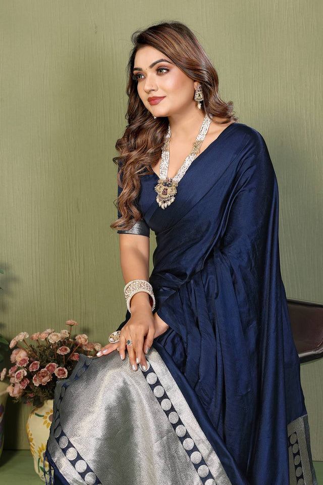 Blue Satin Woven Saree