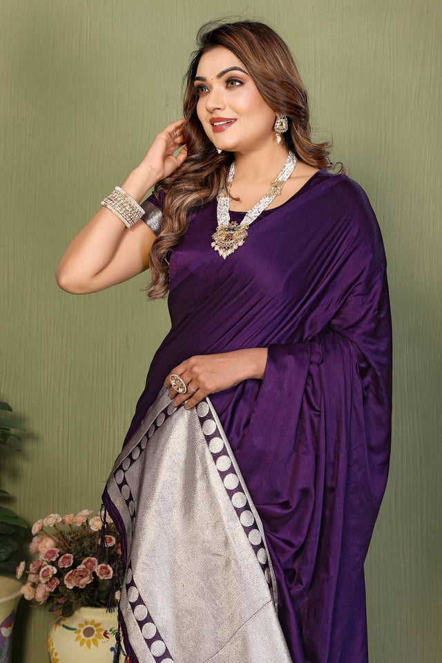 Voilet Satin Woven Saree