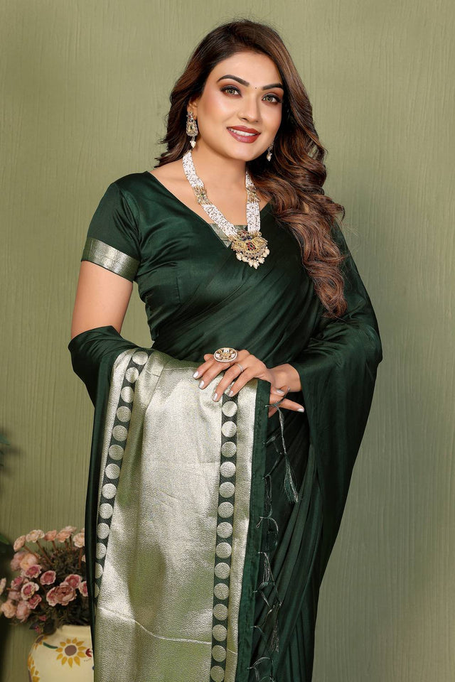 Green Satin Woven Saree