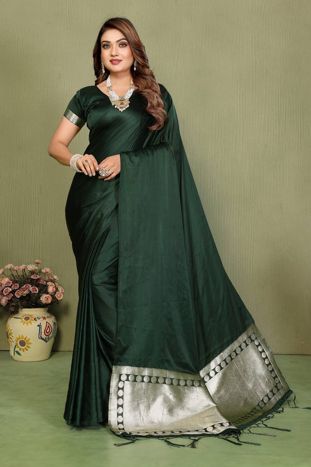Green Satin Woven Saree