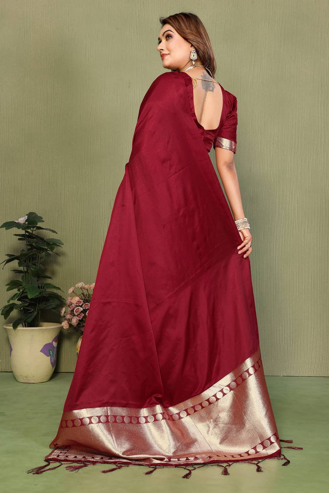 Maroon Satin Woven Saree