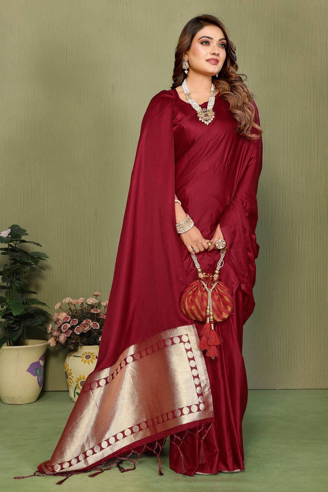 Maroon Satin Woven Saree