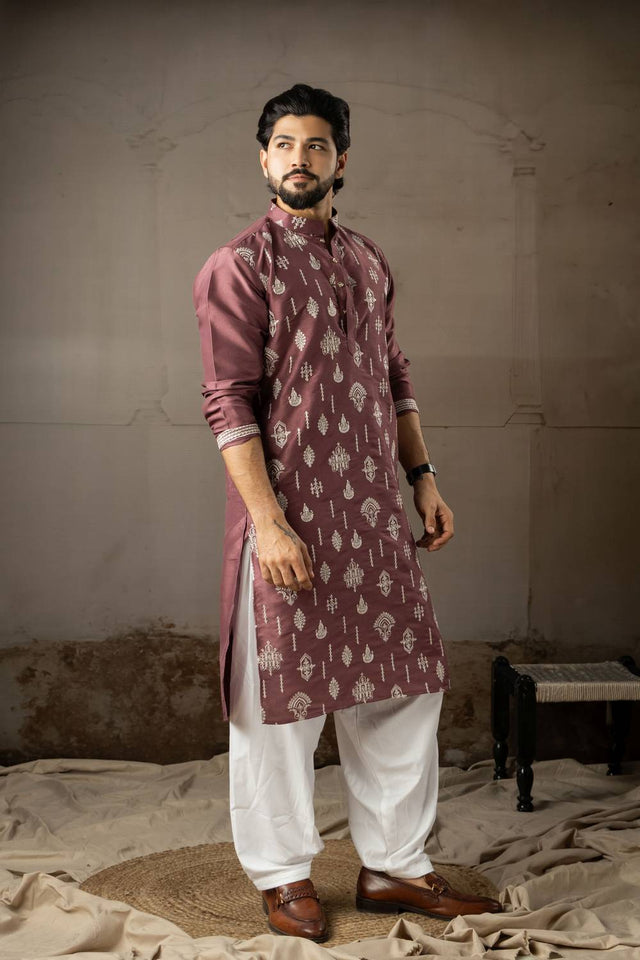 Men's Wine Embroidered Silk Kurta Sets