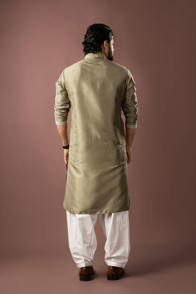 Men's Olive Green Embroidered Silk Kurta Sets