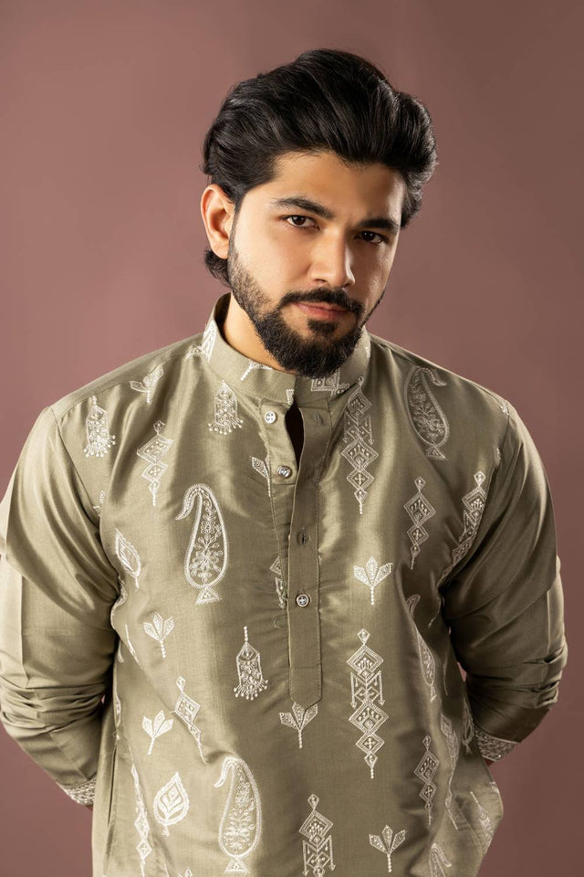 Men's Olive Green Embroidered Silk Kurta Sets