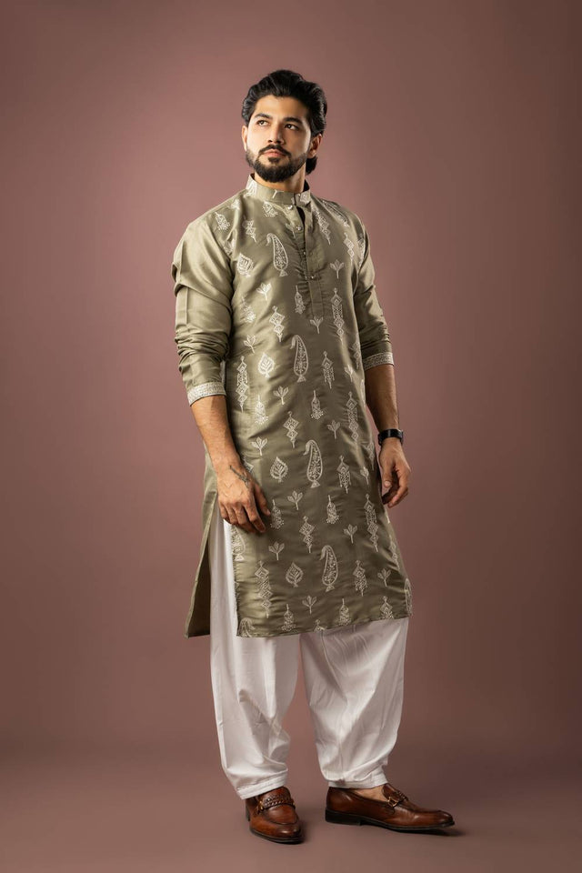 Men's Olive Green Embroidered Silk Kurta Sets