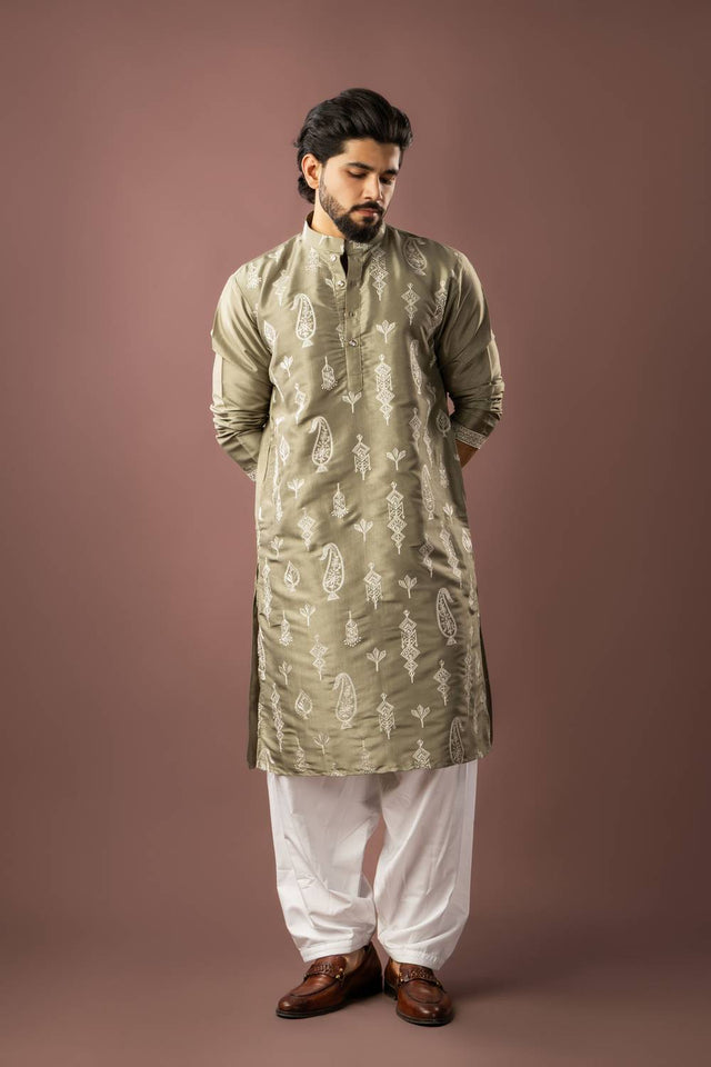 Men's Olive Green Embroidered Silk Kurta Sets