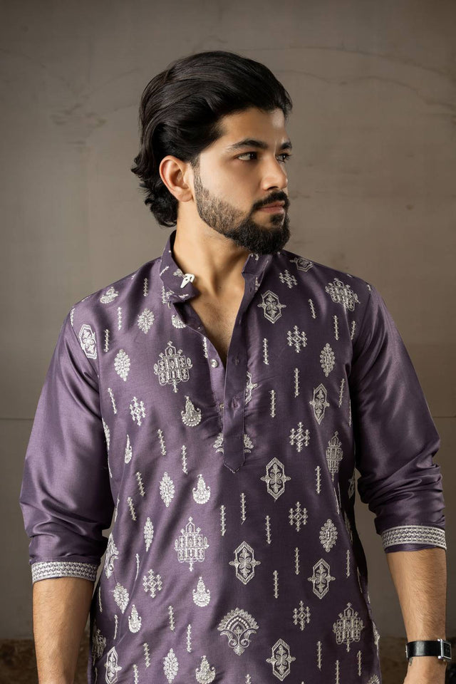 Men's Violet Embroidered Silk Kurta Sets