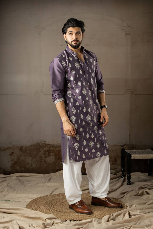 Men's Violet Embroidered Silk Kurta Sets