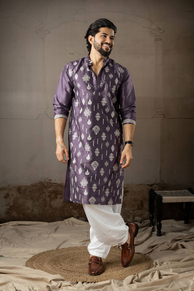 Men's Violet Embroidered Silk Kurta Sets