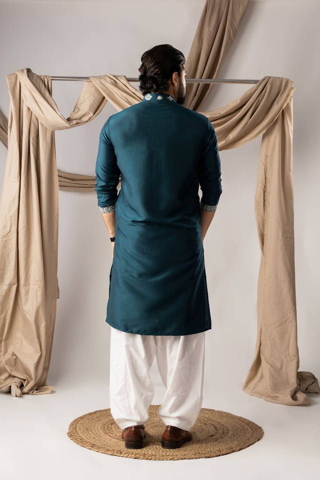 Men's Turquoise Embroidered Silk Kurta Sets