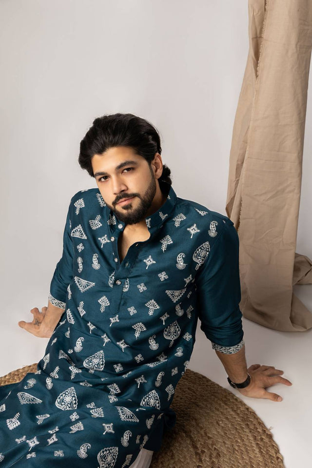 Men's Turquoise Embroidered Silk Kurta Sets