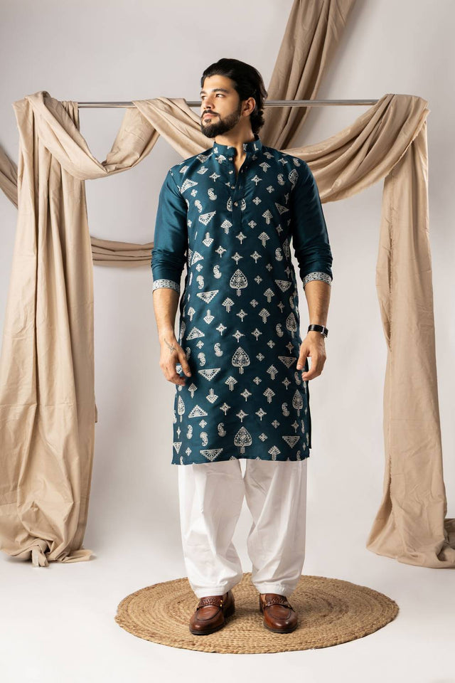 Men's Turquoise Embroidered Silk Kurta Sets