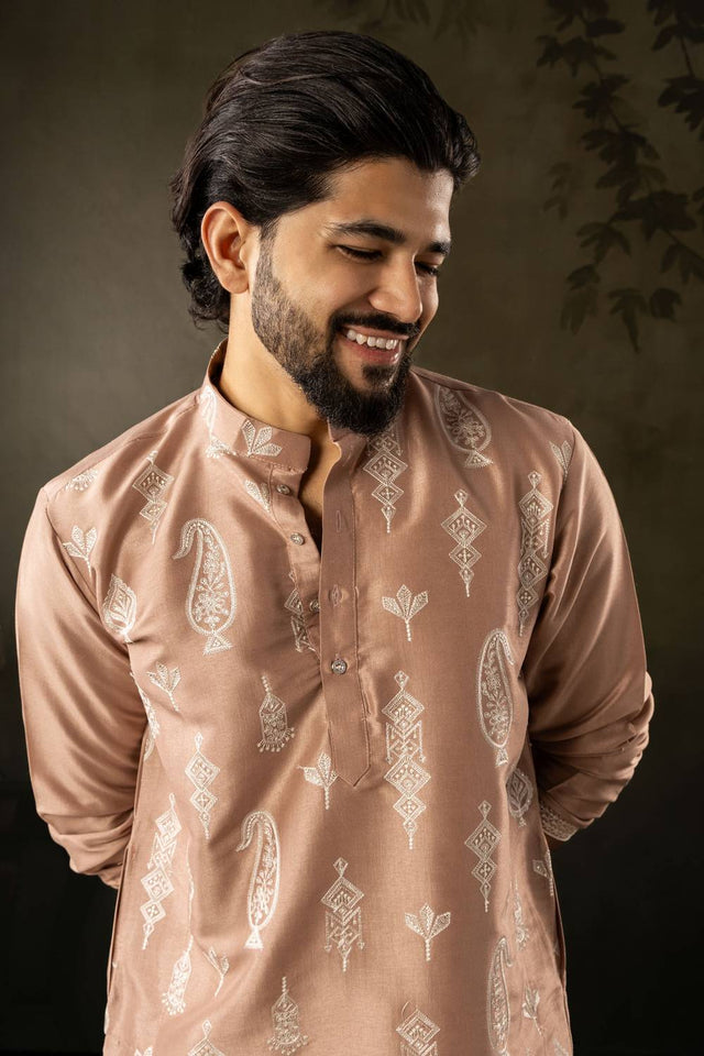 Men's Brown Embroidered Silk Kurta Sets