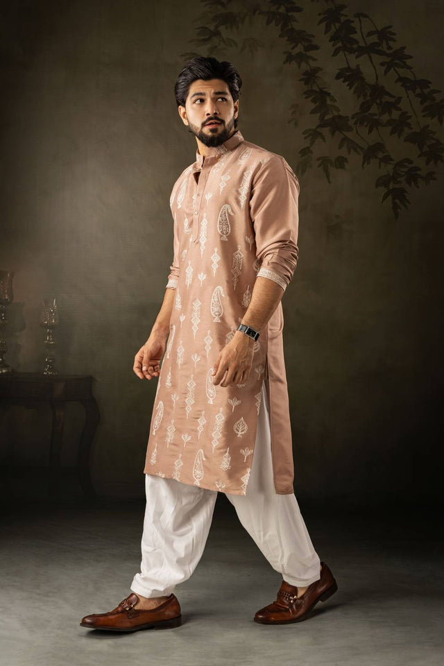 Men's Brown Embroidered Silk Kurta Sets