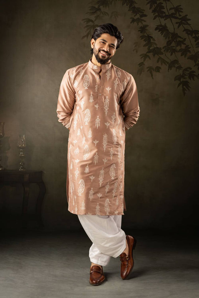 Men's Brown Embroidered Silk Kurta Sets