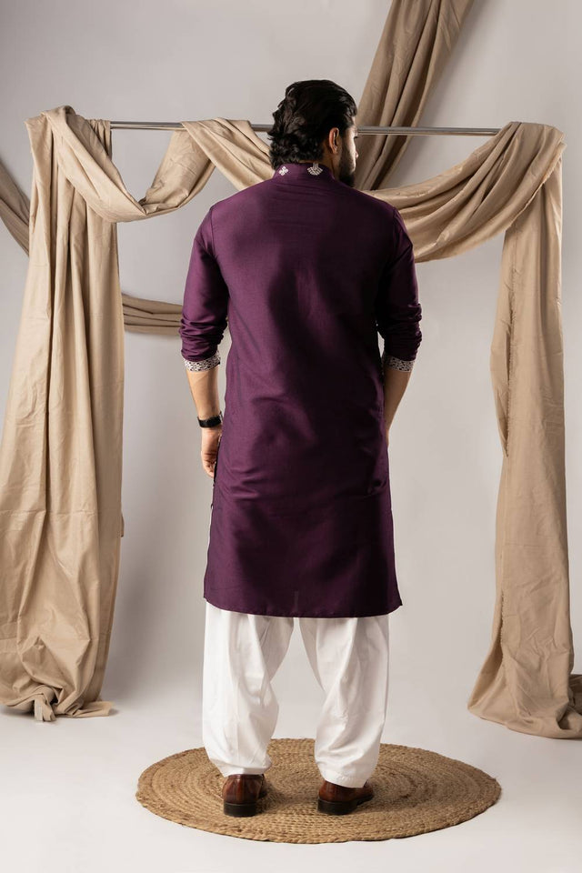 Men's Purple Embroidered Silk Kurta Sets