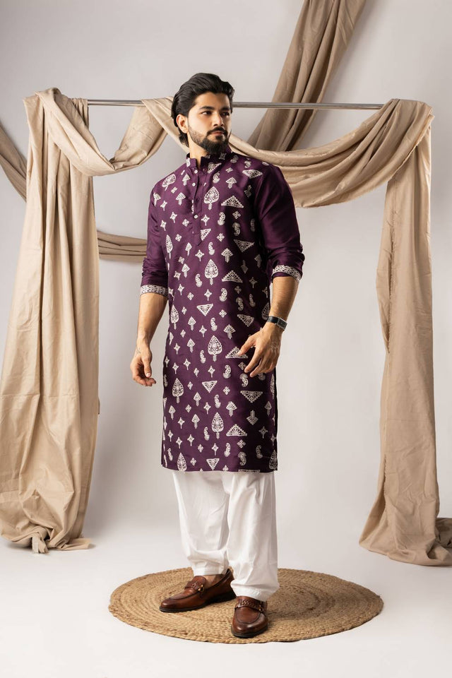Men's Purple Embroidered Silk Kurta Sets