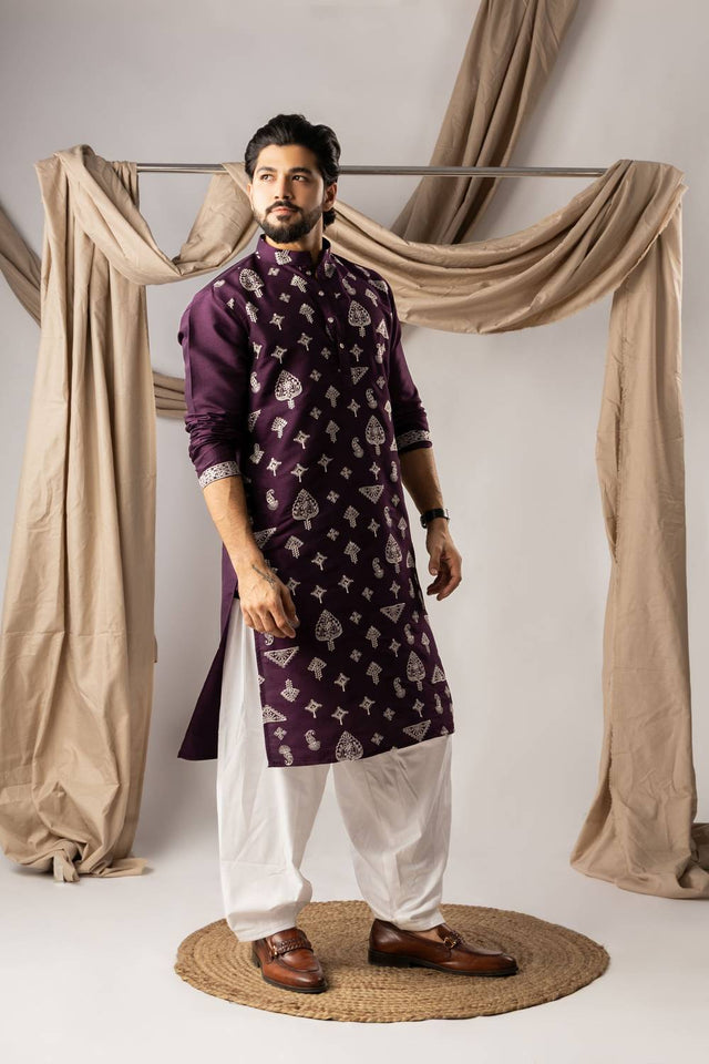 Men's Purple Embroidered Silk Kurta Sets