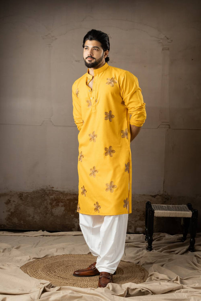Men's Mustard Embroidered Linen Kurta Sets