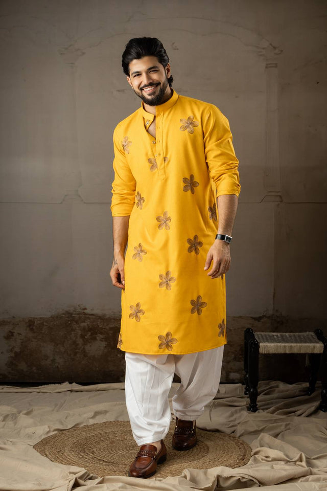 Men's Mustard Embroidered Linen Kurta Sets