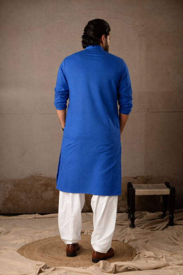Men's Blue Embroidered Linen Kurta Sets