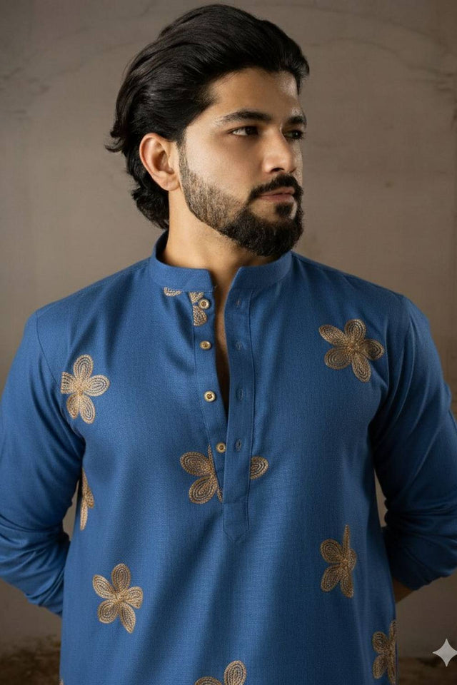 Men's Blue Embroidered Linen Kurta Sets