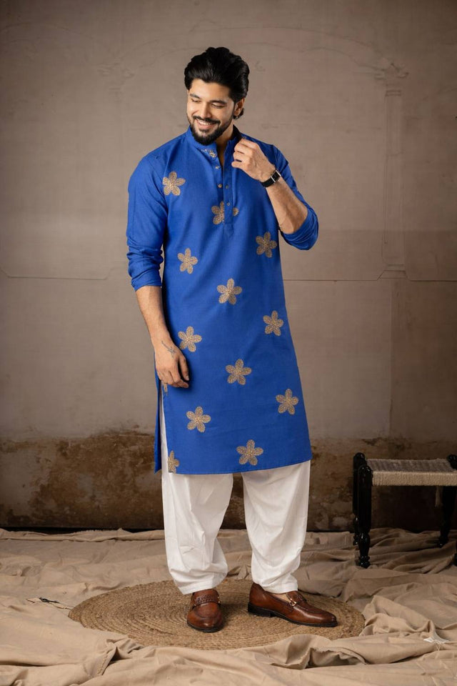 Men's Blue Embroidered Linen Kurta Sets