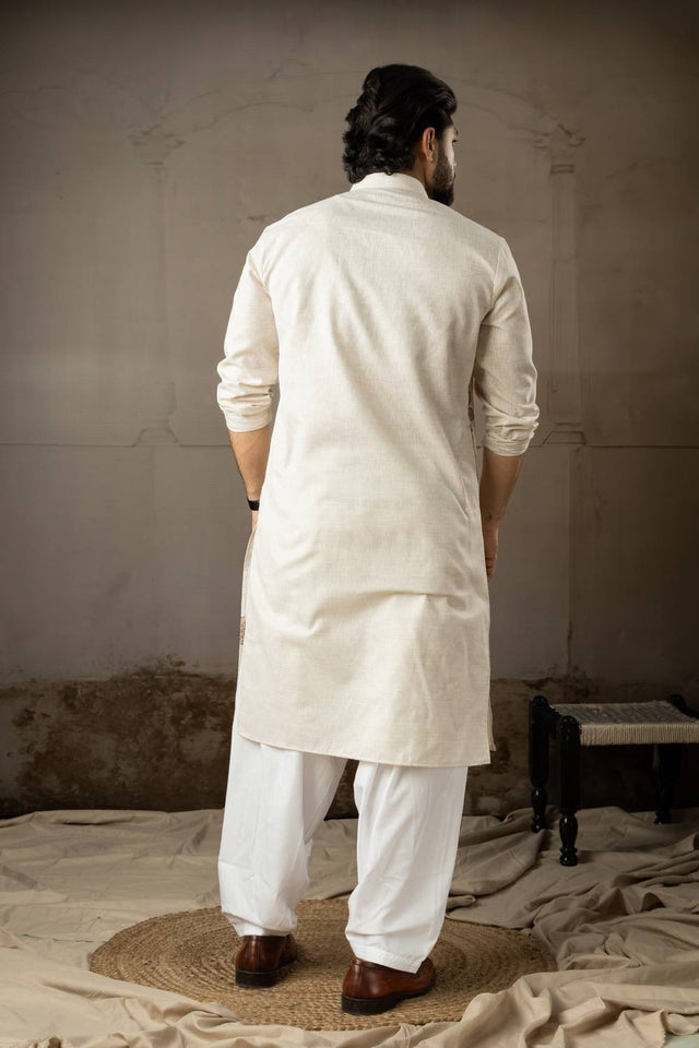 Men's Beige Embroidered Linen Kurta Sets