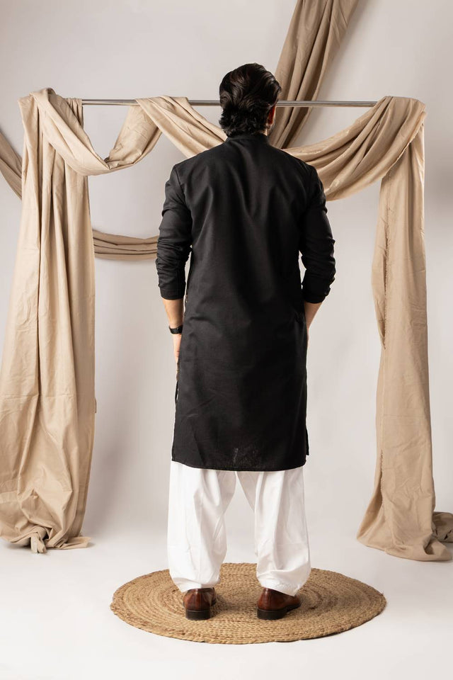 Men's Black Embroidered Linen Kurta Sets