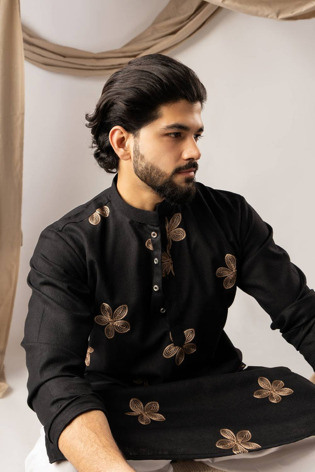 Men's Black Embroidered Linen Kurta Sets