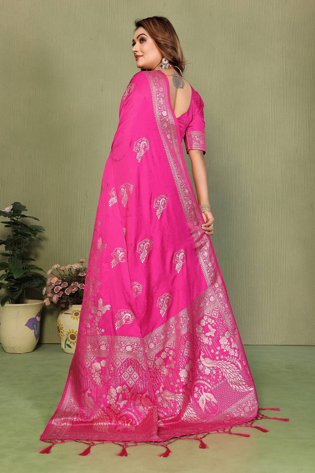 Pink Woven Satin Saree