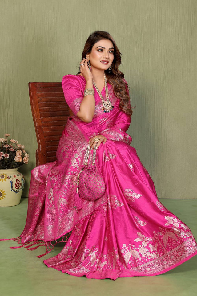 Pink Woven Satin Saree