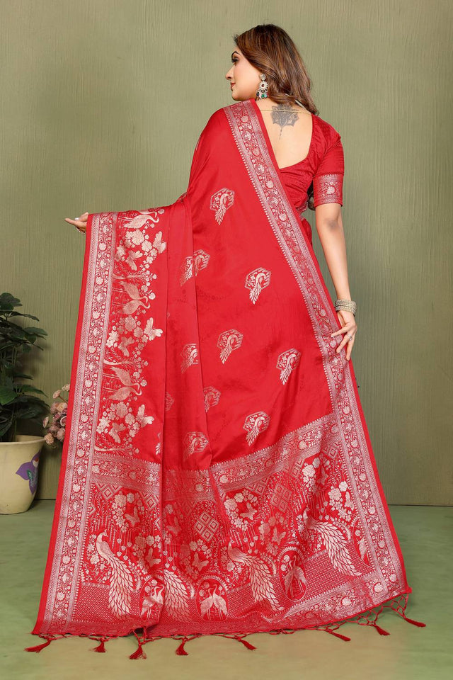 Red Woven Satin Saree