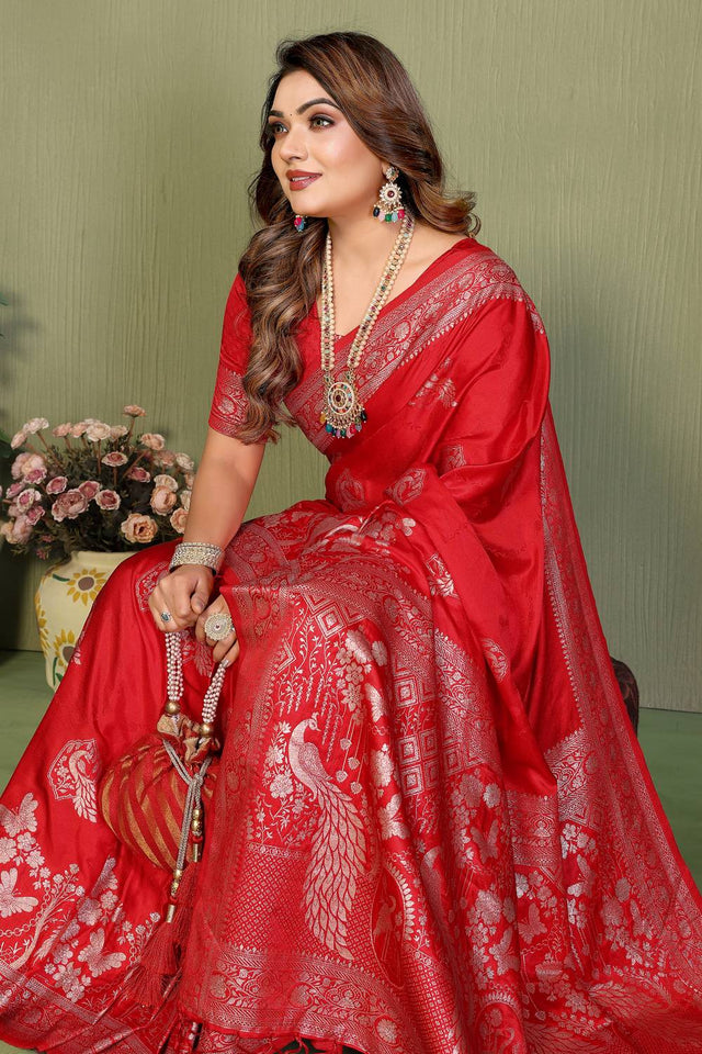 Red Woven Satin Saree