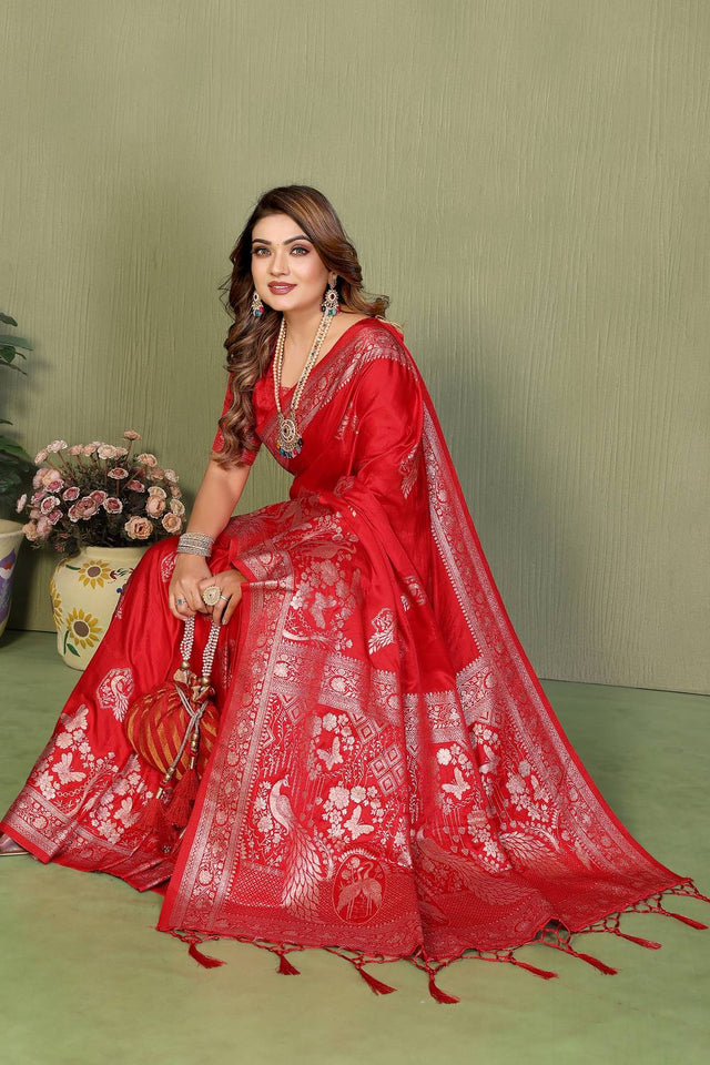 Red Woven Satin Saree