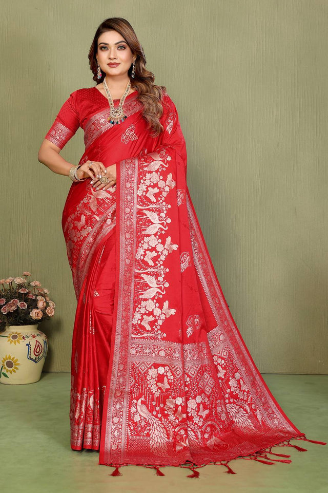 Red Woven Satin Saree